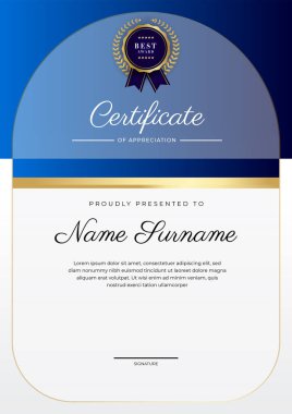 Modern blue and gold certificate of achievement award template with badge and border for business and corporate