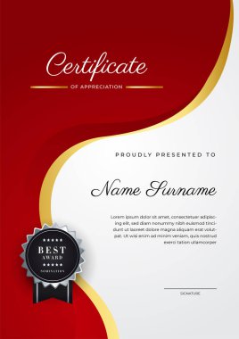 Modern red and gold certificate of achievement award template with badge and border for business and corporate