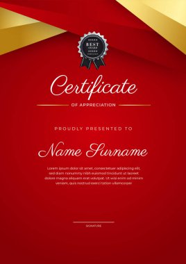 Modern red certificate of achievement award template with badge and border for business and corporate