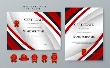 Modern red and black certificate of achievement template with gold badge and border for award, diploma, achievement, business, honor, elegant, document template with business corporate concept