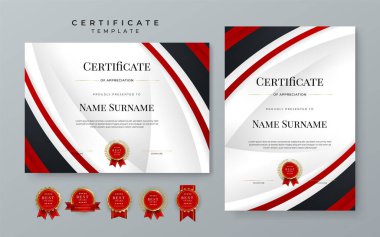 Modern red and black certificate of achievement template with gold badge and border for award, diploma, achievement, business, honor, elegant, document template with business corporate concept