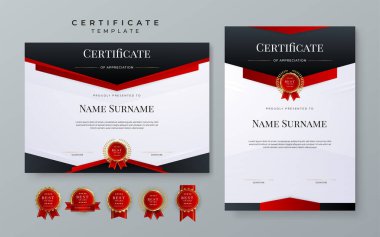 Certificate of appreciation template, gold and red black color. Clean modern certificate with gold badge. Certificate border template with luxury and modern line pattern. Diploma vector template