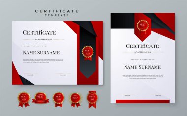 Certificate of appreciation template, gold and red black color. Clean modern certificate with gold badge. Certificate border template with luxury and modern line pattern. Diploma vector template