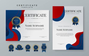 Modern certificate template with luxury pattern, diploma. Vector illustration and vector Luxury premium badges design. Set of red and blue vintage badges and labels.