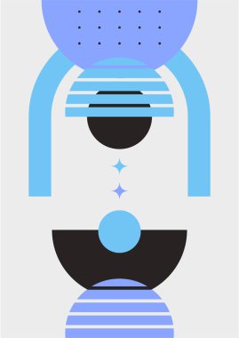 Modern soyut estetik set geometrik denge şekilleri, merdivenler ve bitkiler. Boho tarzında bir duvar dekoru. Kapak, duvar kağıdı, kart, sosyal medya, iç dekorasyon için yüzyılın ortalarında vektör baskısı