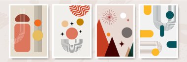 Modern minimalist abstract aesthetic illustrations. Bohemian style wall decor. Collection of contemporary artistic posters with geometric shapes.