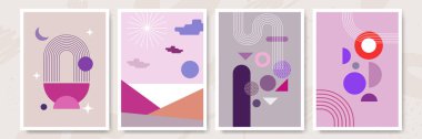 Vector illustration. Abstract poster set. Contemporary backgrounds. Mid century wall decor. Design elements for book cover, page template, print, card, brochure, magazine, poster. 60s, 70s graphic.