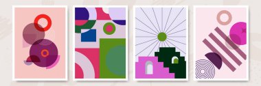 Vector illustration. Abstract poster set. Contemporary backgrounds. Mid century wall decor. Design elements for book cover, page template, print, card, brochure, magazine, poster. 60s, 70s graphic.