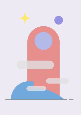 Modern soyut estetik set geometrik denge şekilleri, merdivenler ve bitkiler. Boho tarzında bir duvar dekoru. Kapak, duvar kağıdı, kart, sosyal medya, iç dekorasyon için yüzyılın ortalarında vektör baskısı