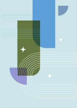 Modern soyut estetik set geometrik denge şekilleri, merdivenler ve bitkiler. Boho tarzında bir duvar dekoru. Kapak, duvar kağıdı, kart, sosyal medya, iç dekorasyon için yüzyılın ortalarında vektör baskısı