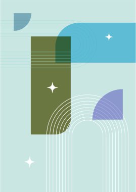 Modern soyut estetik set geometrik denge şekilleri, merdivenler ve bitkiler. Boho tarzında bir duvar dekoru. Kapak, duvar kağıdı, kart, sosyal medya, iç dekorasyon için yüzyılın ortalarında vektör baskısı