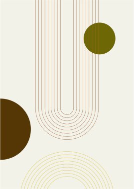 Modern soyut estetik set geometrik denge şekilleri, merdivenler ve bitkiler. Boho tarzında bir duvar dekoru. Kapak, duvar kağıdı, kart, sosyal medya, iç dekorasyon için yüzyılın ortalarında vektör baskısı