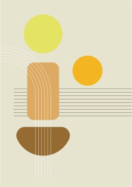 Modern soyut estetik set geometrik denge şekilleri, merdivenler ve bitkiler. Boho tarzında bir duvar dekoru. Kapak, duvar kağıdı, kart, sosyal medya, iç dekorasyon için yüzyılın ortalarında vektör baskısı