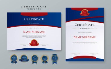 Set of modern elegant modern red and blue certificate design template with badge and border for business corporate need