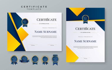 Set of modern elegant modern blue and yellow certificate design template with badge and border for business corporate need
