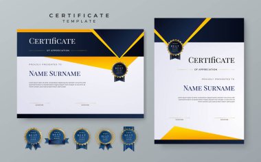 Set of modern elegant modern dark blue and yellow certificate design template with badge and border for business corporate need