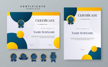Set of modern elegant modern blue and yellow certificate design template with badge and border for business corporate need