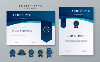 Set of modern elegant modern blue certificate design template with badge and border for business corporate need