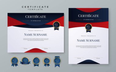 Set of modern elegant modern red and blue certificate design template with badge and border for business corporate need