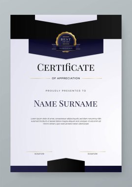 Modern elegant blue certificate of achievement template set with gold badge and border. Award diploma design blank. Vector Illustration