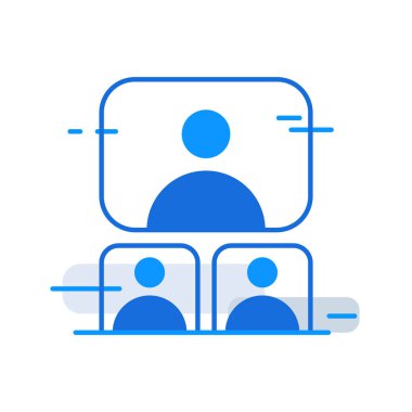 Video conference business people icon with blue outline style. video, conference, chat, internet, webinar, communication, computer. Vector Illustration