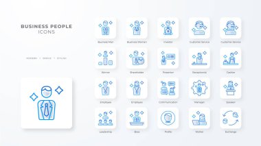 Business people icon collection with blue outline style. person, businessman, team, teamwork, manager, set, symbol. Vector Illustration