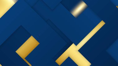 Lüks geometrik deseni ve altın ışıklı çizgileri olan soyut koyu mavi lüks premium arka plan.