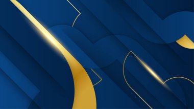 Lüks geometrik deseni ve altın ışıklı çizgileri olan soyut koyu mavi lüks premium arka plan.