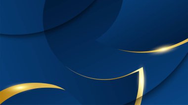 Lüks geometrik deseni ve altın ışıklı çizgileri olan soyut koyu mavi lüks premium arka plan.