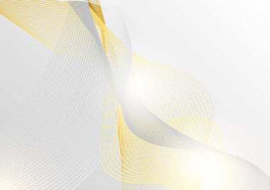 Soyut lüks altın ve beyaz arka plan, çizgi, dalga ve parlak eğriler. Vektör illüstrasyonu