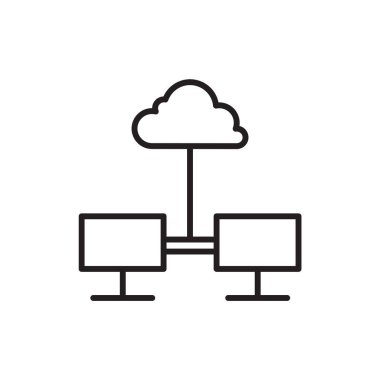 Siyah hatlı Cloud Transfer Veri Yönetimi simgesi. data, server, network, internet, bilgisayar, depolama, veritabanı. Vektör illüstrasyonu