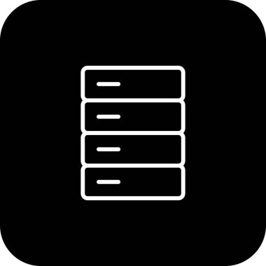 Siyah doldurulmuş çizgi biçiminde bir depolama veri yönetim simgesi. bilgi, veri, bulut, paket, veritabanı, nesne, sistem. Vektör illüstrasyonu