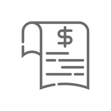 Fatura işi simgesi, siyah ana hatlı. Kağıt, ödeme, finans, fatura, form, ödeme, mektup. Vektör illüstrasyonu