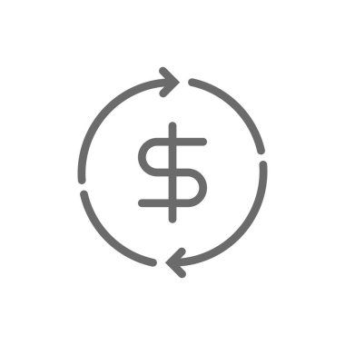 Para sirkülasyonu simgesi, siyah ana hatlı. Para, finans, dolar, yatırım, ödeme, bankacılık, depozito. Vektör illüstrasyonu