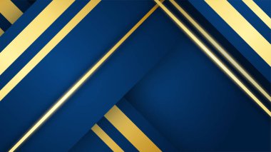 Lüks geometrik deseni ve altın ışıklı çizgileri olan soyut koyu mavi lüks premium arka plan.