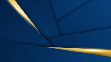 Lüks geometrik deseni ve altın ışıklı çizgileri olan soyut koyu mavi lüks premium arka plan.