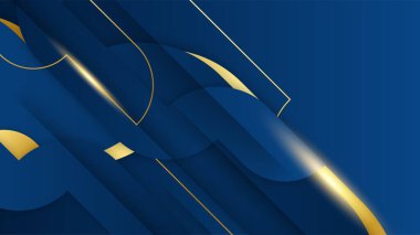 Lüks geometrik deseni ve altın ışıklı çizgileri olan soyut koyu mavi lüks premium arka plan.