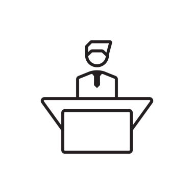 Siyah ana hatlı Konferans Takım Çalışması ve Yönetim simgesi. Seminer, toplantı, sunum, eğitim, tartışma, konferans, konuşma. Vektör illüstrasyonu