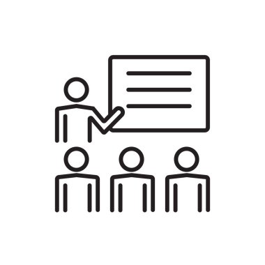 Siyah taslak tarzlı Eğitim Ekibi ve Yönetim simgesi. Seminer, konferans, iletişim, eğitim, sunum, öğretim, toplantı. Vektör illüstrasyonu