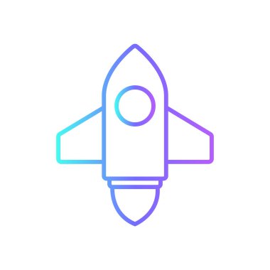 Mavi duoton tarzında Proje Çalıştırma ve Yönetim simgesini başlat. Geliştirme, roket, yenilik, teknoloji, ürün, strateji, hedef. Vektör illüstrasyonu