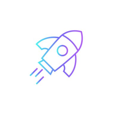 Mavi duoton tarzında Proje Çalıştırma ve Yönetim simgesini başlat. Geliştirme, roket, yenilik, teknoloji, ürün, strateji, hedef. Vektör illüstrasyonu