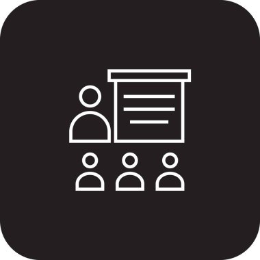 Siyah çizgi tarzında Eğitim Ekibi ve Yönetim simgesi. Seminer, konferans, iletişim, eğitim, sunum, öğretim, toplantı. Vektör illüstrasyonu