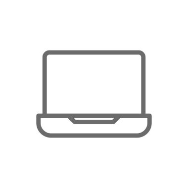 Siyah ana hatlı dizüstü bilgisayar takım çalışması ve yönetim simgesi. Not defteri, cihaz, elektronik, teknoloji, monitör, internet, dijital. Vektör illüstrasyonu