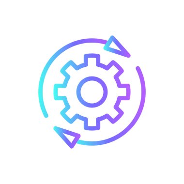 Mavi duoton stili İşlem Ekibi ve Yönetim simgesi. Geliştirme, ok, çalışma, üretim, destek, optimizasyon, uygulama. Vektör illüstrasyonu