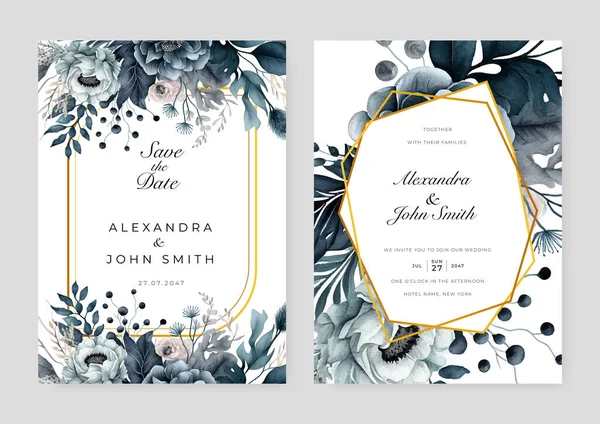 美しい境界線の水彩と黒蘭の花のベクトルの花の結婚式の招待テンプレート — ストックベクタ