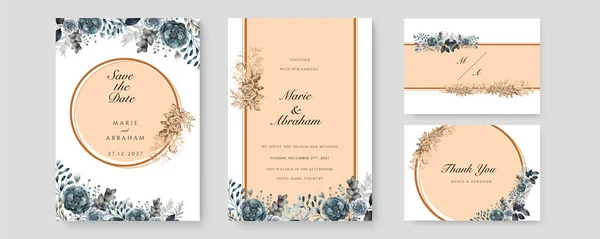 Bleu Rose Fleur Flore Vecteur Aquarelle Coloré Mariage Invitation Carte — Image vectorielle