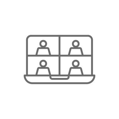 Çevrimiçi iş adamları simgesi ile siyah özet tarzında tanışma. Bilgisayar, video, iletişim, web sitesi, konferans, internet, seminer. Vektör illüstrasyonu