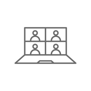 ONLINE Tanışma İş Adamları simgesi siyah ana hatlı. Sohbet, bilgisayar, video, iletişim, webinar, konferans, medya. Vektör illüstrasyonu