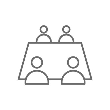 Siyahi taslak tarzında iş adamlarıyla tanışma ikonu. İletişim, konferans, insan, grup, ortaklık, işbirliği, işbirliği. Vektör illüstrasyonu