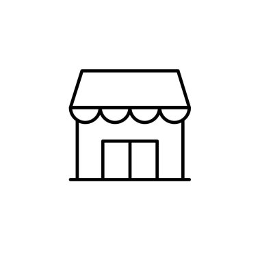 Siyah ana hatlı bir emlak simgesi. Dükkan, satış, market, perakende, teslimat, ticaret, süpermarket. Vektör illüstrasyonu